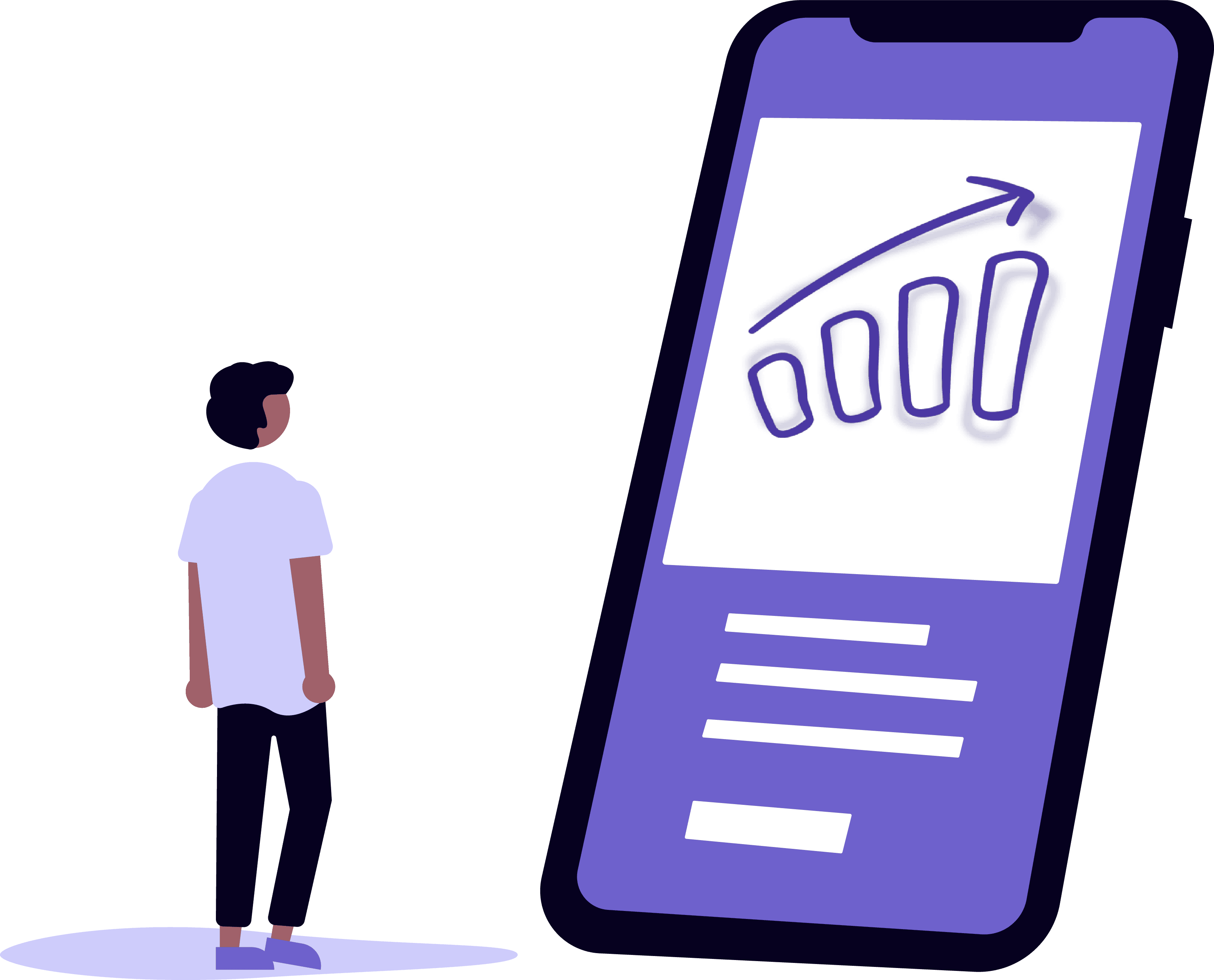 Illustratie van een leerling van Klasroom die naar een stijgende leerresultaatgrafiek kijkt op een smartphone