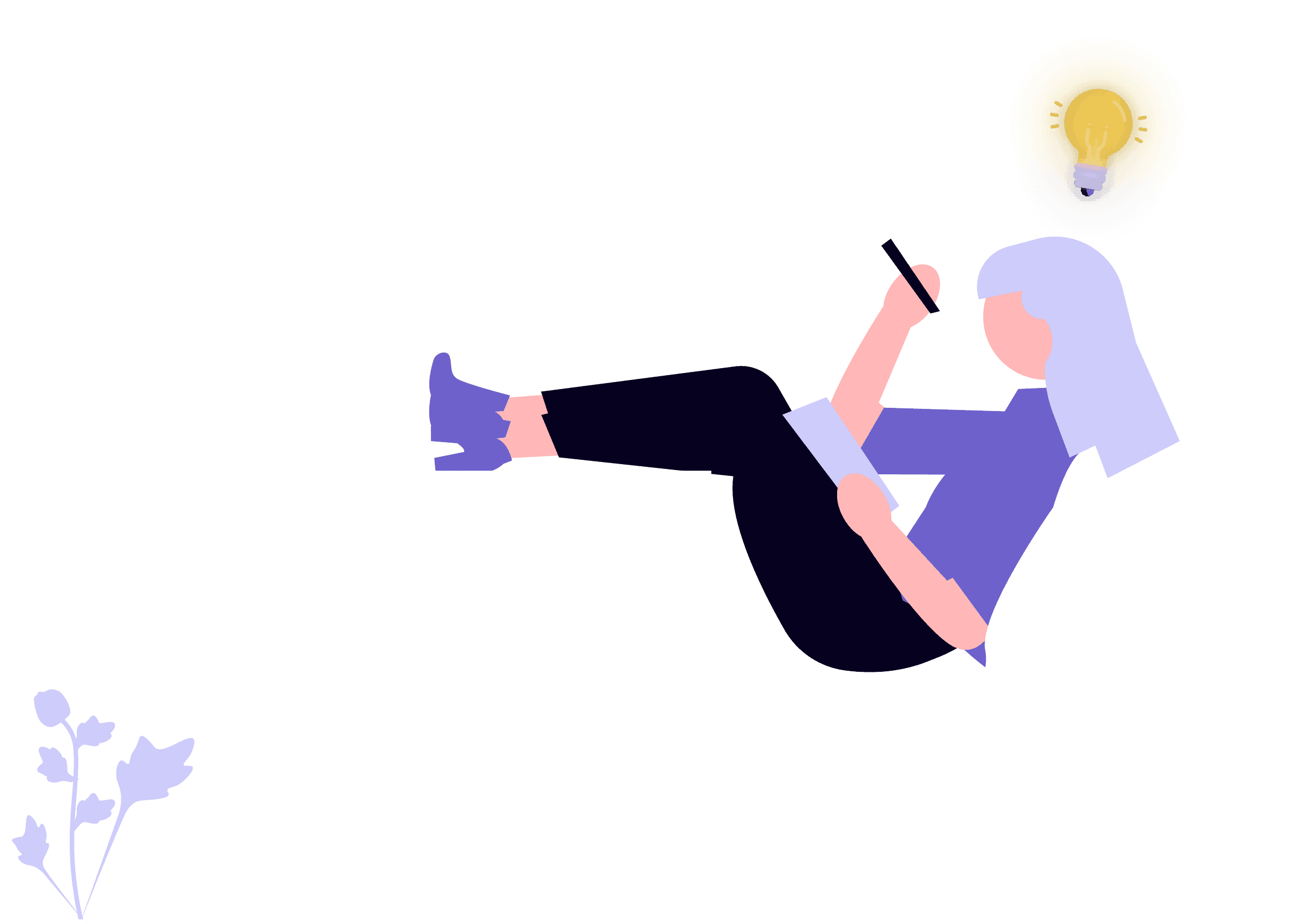 Illustratie van een ontspannen leerling met een idee tijdens studiemoment bij Klasroom
